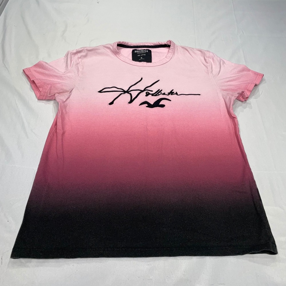Hollister Mens Pink Black Ombre Gradient Logo Graphic T-Shirt Cotton Size M